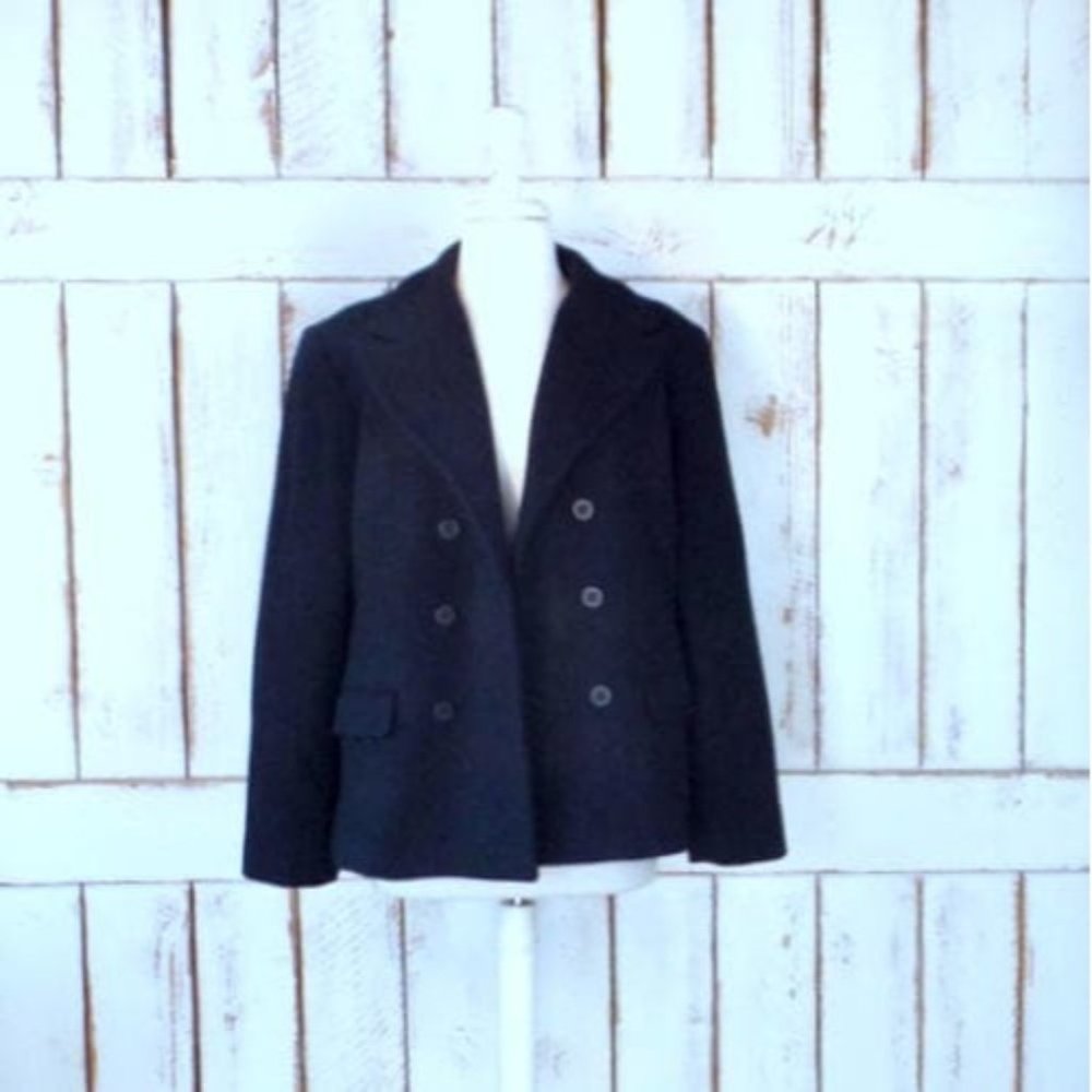 Vintage 90s black wool double breasted pea coat jacket black wool coat - Picture 1 of 8